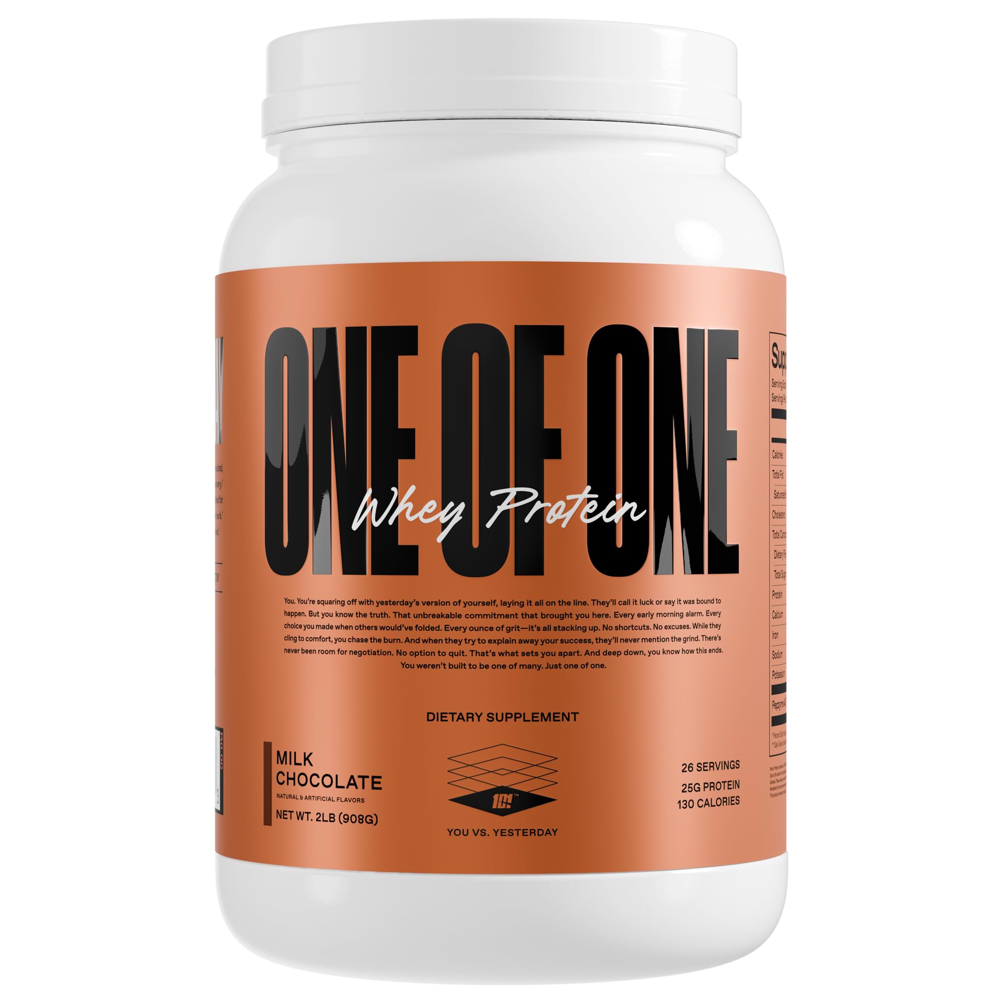 ONE OF ONE Whey protein powder tin showing premium protein for workouts and recovery