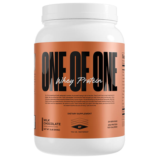 ONE OF ONE Whey protein powder tin showing premium protein for workouts and recovery