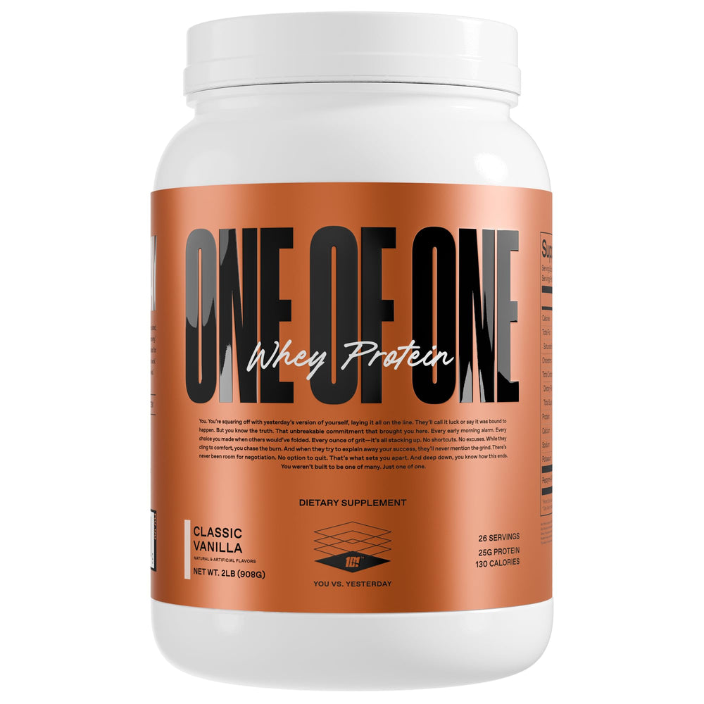 ONE OF ONE Whey protein powder vanilla tub for post-workout recovery and great flavor.