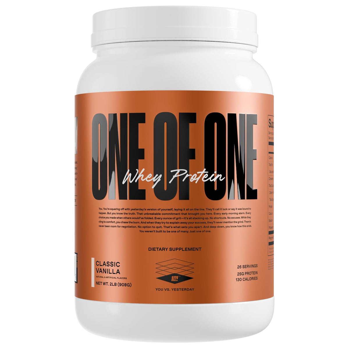 ONE OF ONE Whey protein powder vanilla tub for post-workout recovery and great flavor.
