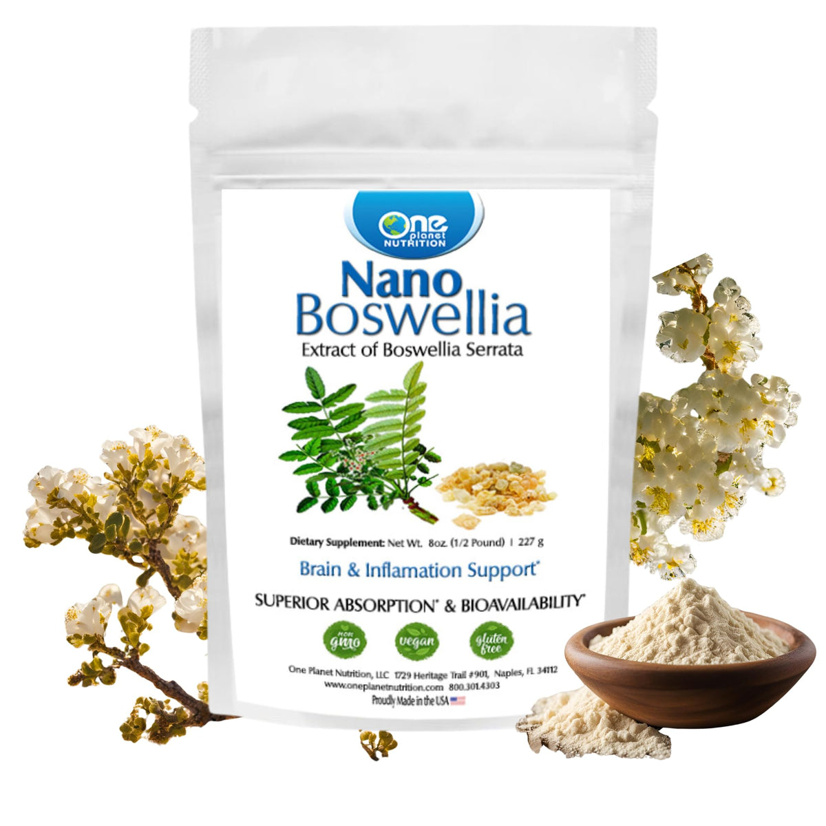 One Planet Nutrition Nano Boswellia powder bottle for brain health support.