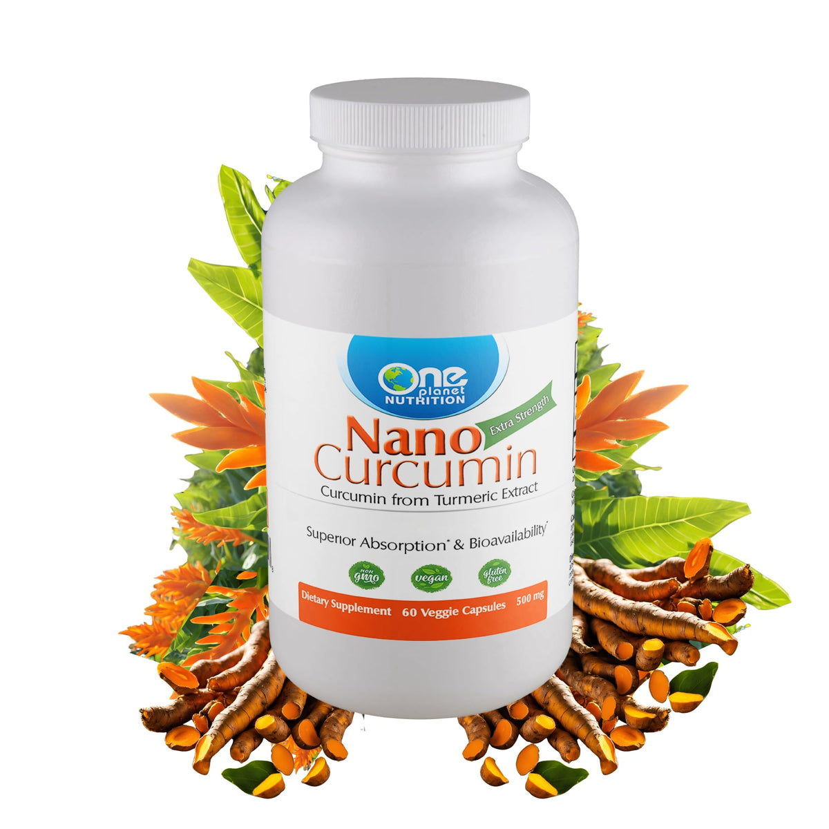 One Planet Nutrition Nano Curcumin bottle packaging showing vegan, non-GMO wellness support.