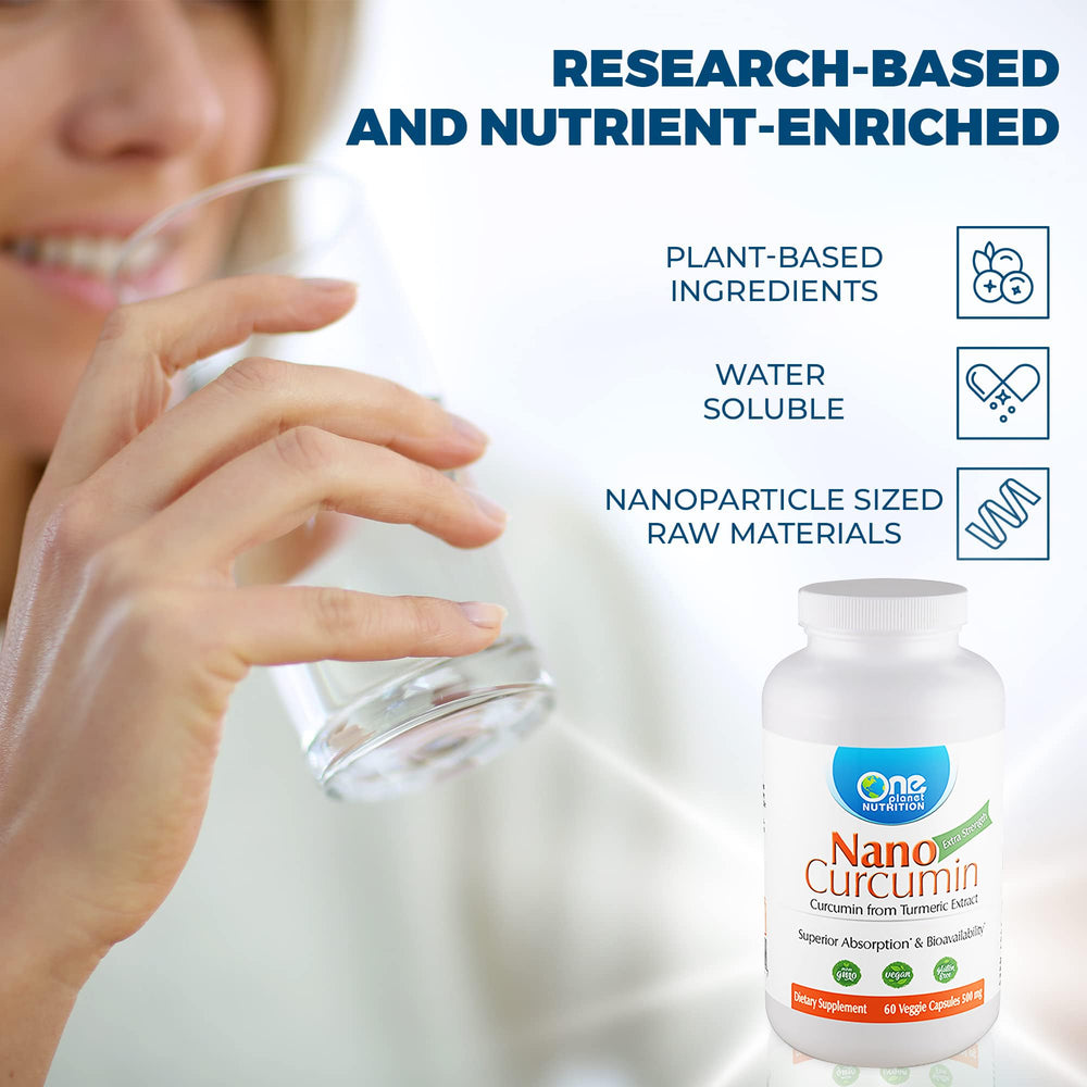 One Planet Nutrition Nano Curcumin bottle on kitchen counter for easy daily use.