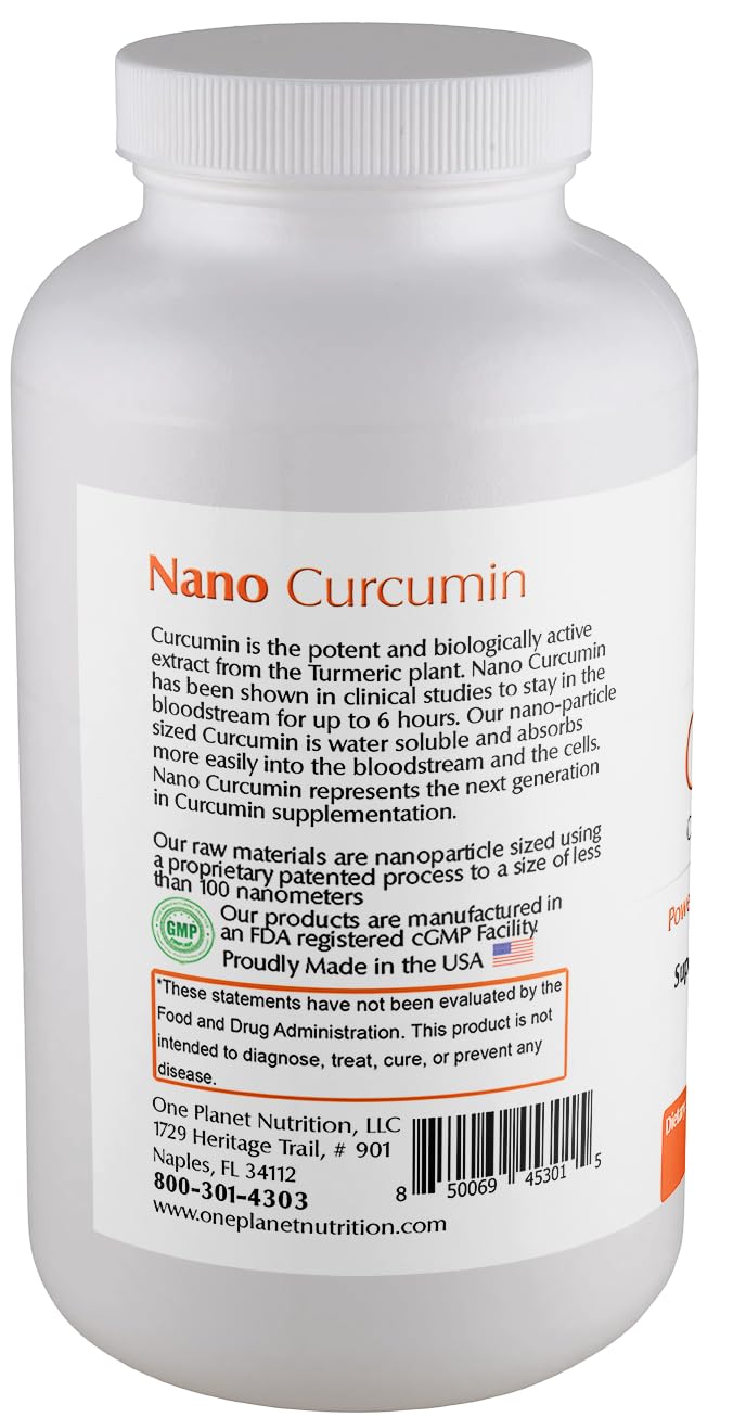 One Planet Nutrition Nano Curcumin label closeup emphasizes tested quality.