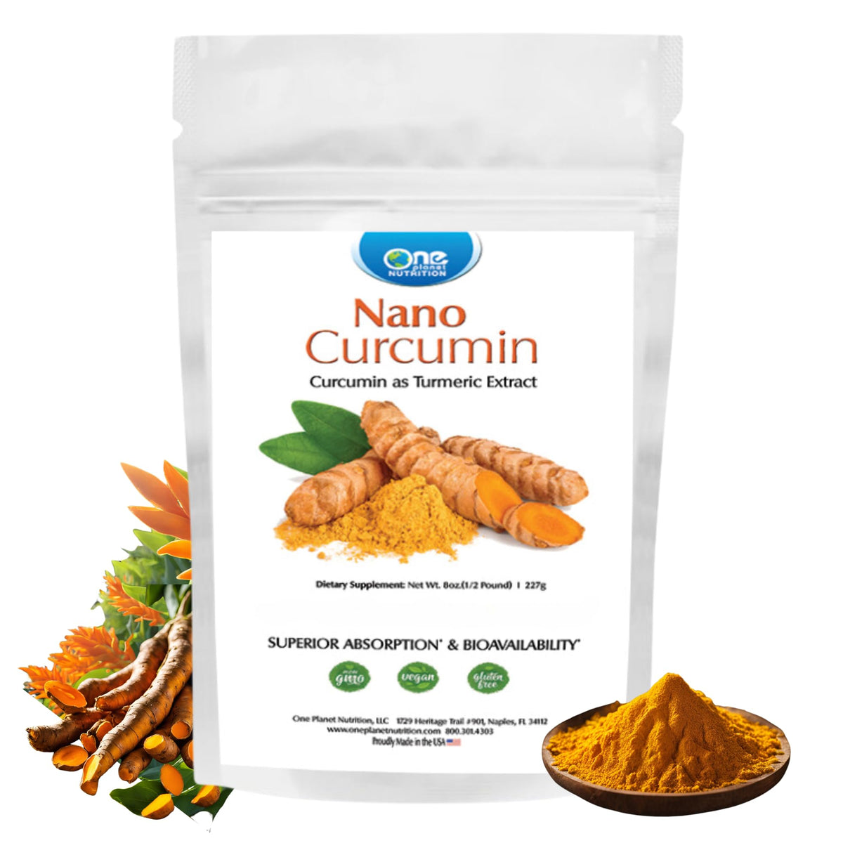 One Planet Nutrition Nano Curcumin Powder bottle ready for daily blending