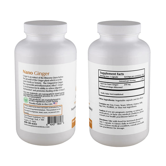 One Planet Nutrition Nano Ginger capsules close-up showing dosage and form