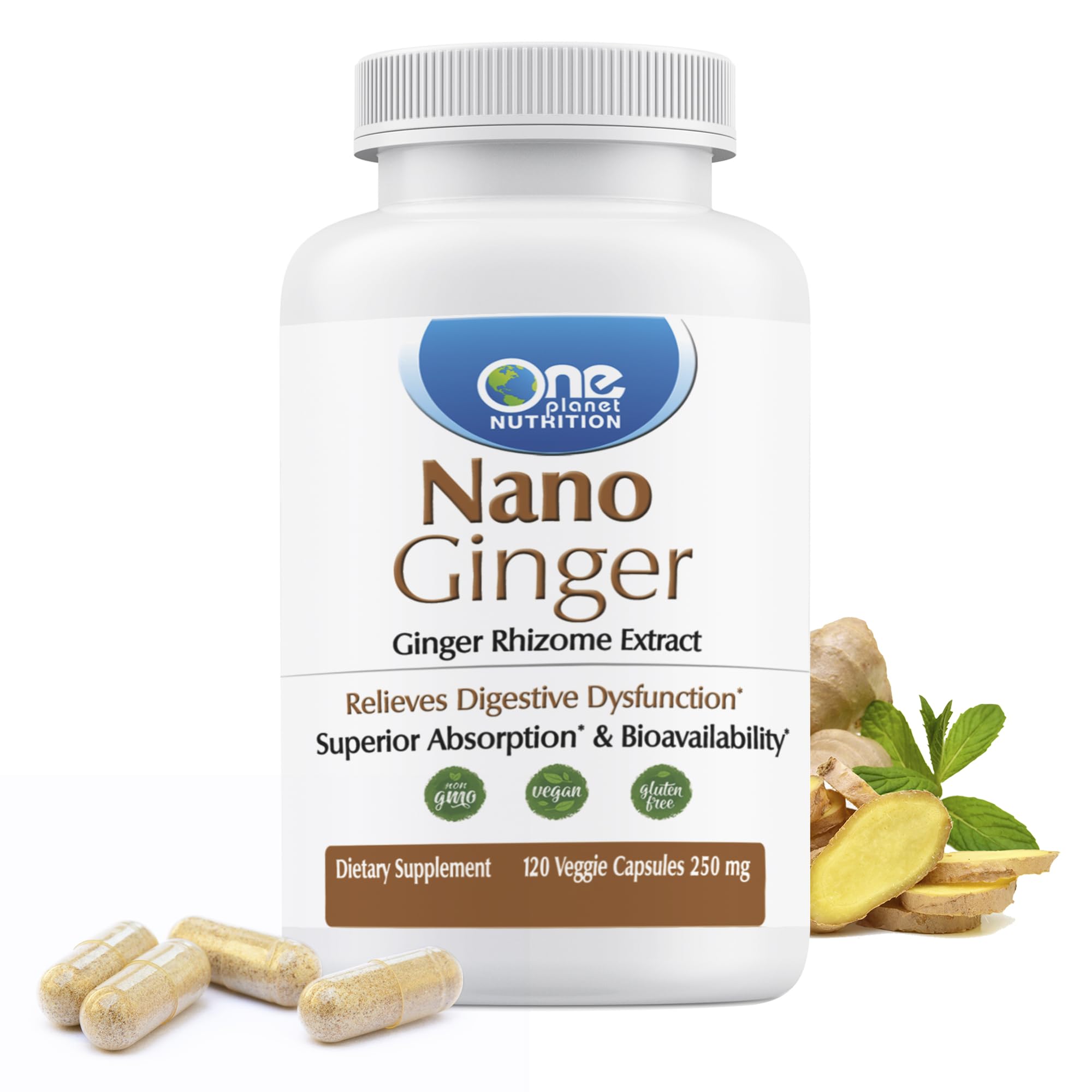 One Planet Nutrition Nano Ginger Root bottle highlighting high-potency capsules for digestion