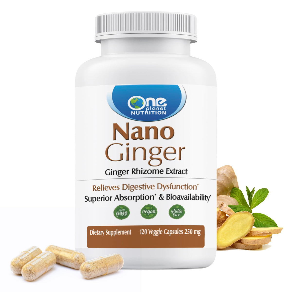 One Planet Nutrition Nano Ginger Root bottle highlighting high-potency capsules for digestion