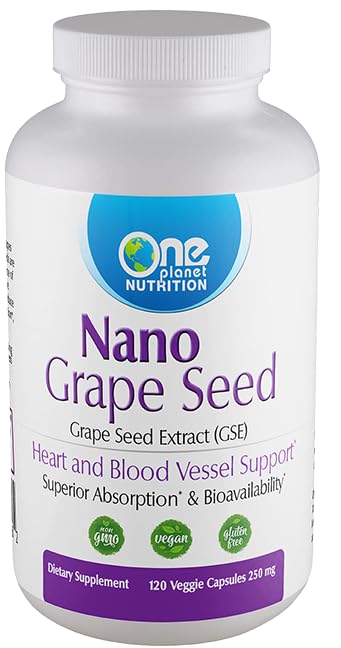 One Planet Nutrition Nano Grape Seed Extract bottle shows a high-absorption formula for potential circulatory support.