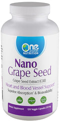 One Planet Nutrition Nano Grape Seed Extract bottle shows a high-absorption formula for potential circulatory support.
