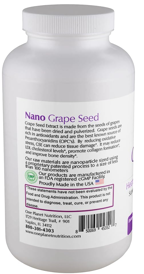 One Planet Nutrition Nano Grape Seed Extract label confirms vegan, gluten-free, and non-GMO credentials.
