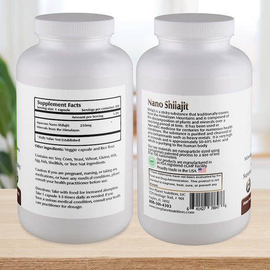 Close-up of One Planet Nutrition Nano Shilajit capsules for daily dosing.