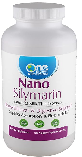 One Planet Nutrition nano silymarin capsules bottle highlighting enhanced absorption and vegan formula.