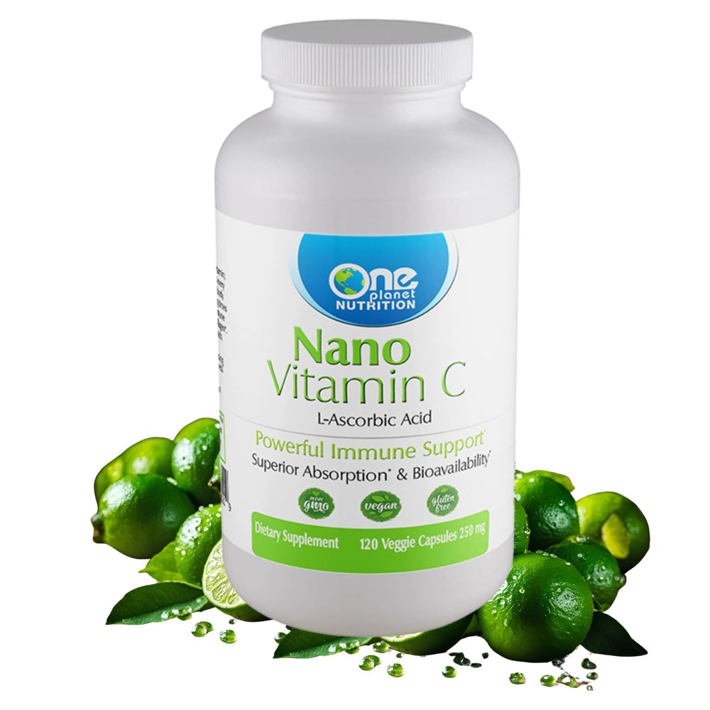 One Planet Nutrition Nano Vitamin C 250mg bottle displays daily immune support in capsule form.