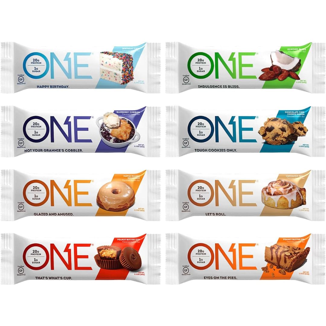ONE Protein Bar sampler pack showing eight gluten-free flavors for on-the-go protein