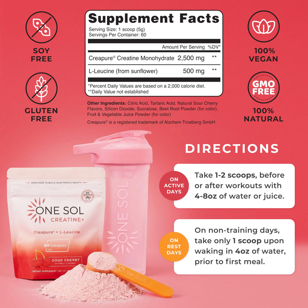 One Sol Creatine for Women powder in glass; flavorless base blends seamlessly into water