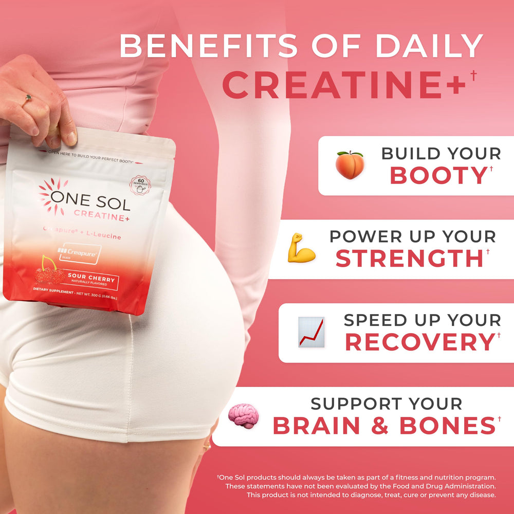 One Sol Creatine for Women Sour Cherry label; showcases flavor option with clean ingredients