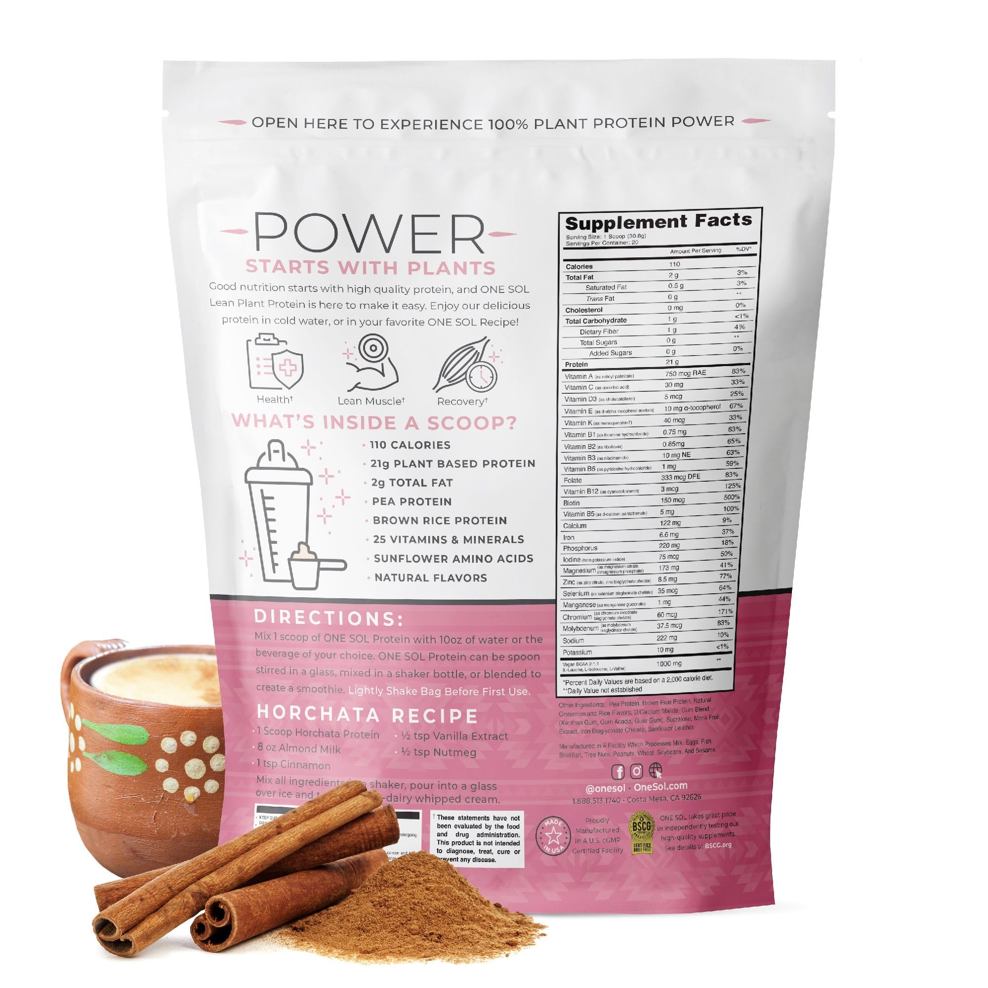 One Sol Lean Horchata in a mixing bowl shows non-GMO protein blend