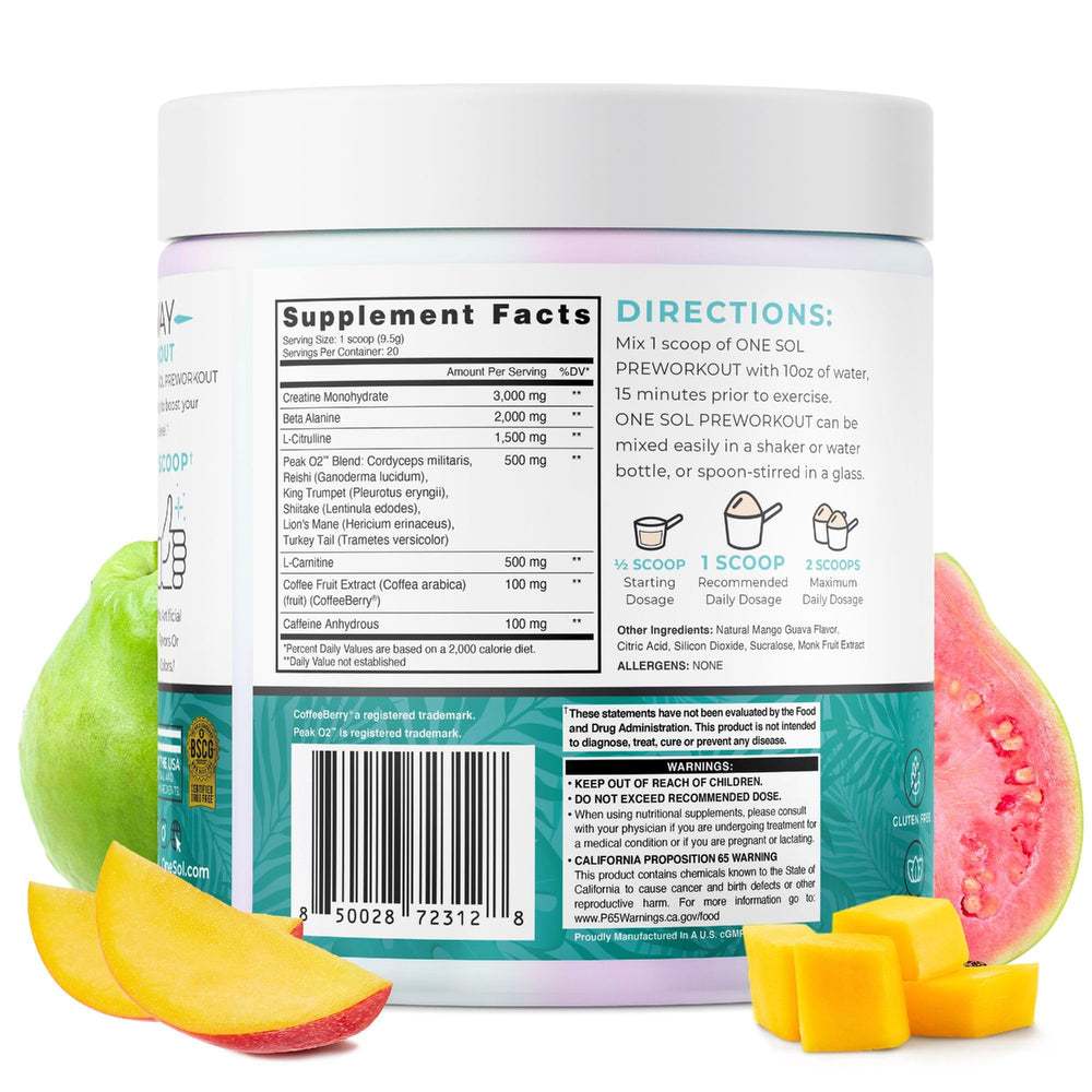 One Sol Pre-Workout Mango Guava close-up on ingredients like L-Citrulline
