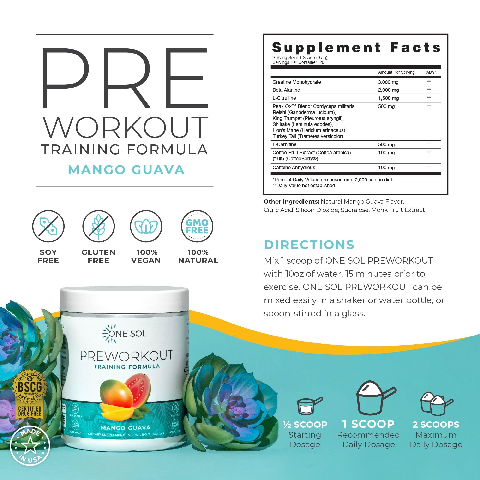 One Sol Pre-Workout Mango Guava package back shows clean, natural formula