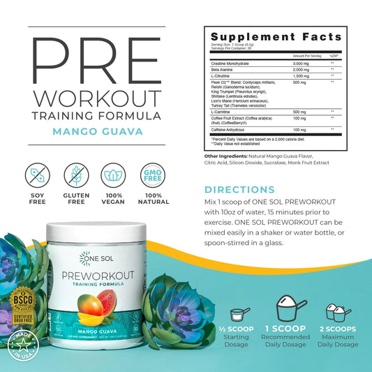 One Sol Pre-Workout Mango Guava package back shows clean, natural formula