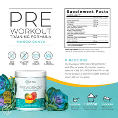 One Sol Pre-Workout Mango Guava package back shows clean, natural formula