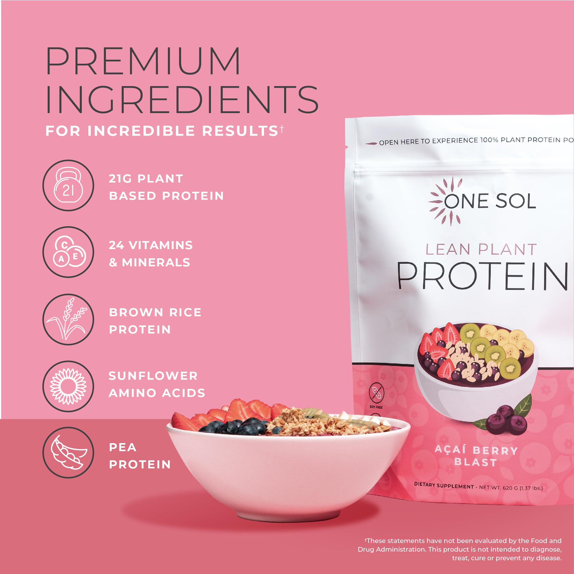 One Sol vegan ingredients closeup shows pea and brown rice protein