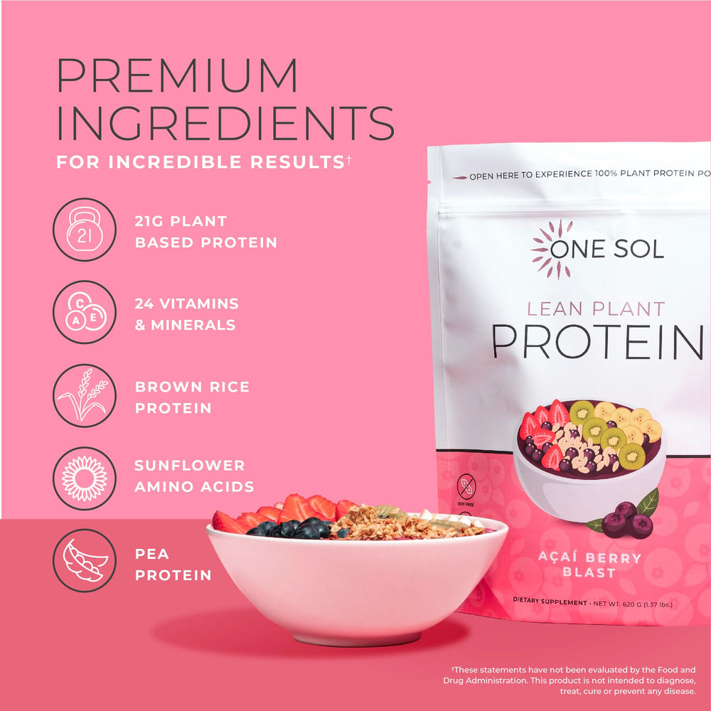One Sol vegan ingredients closeup shows pea and brown rice protein