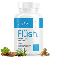 ONE8E Flüsh bottle front view highlighting a herbal gut health blend for daily digestion support.
