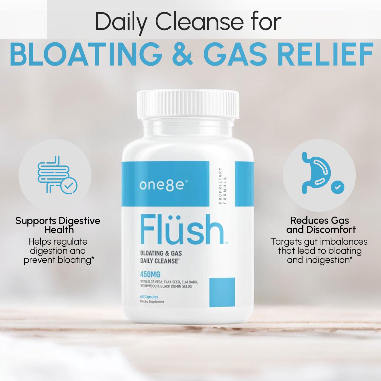 ONE8E Flüsh bottle pour showcasing convenient daily use for bloating relief and smoother digestion.