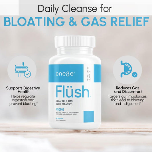 ONE8E Flüsh bottle pour showcasing convenient daily use for bloating relief and smoother digestion.