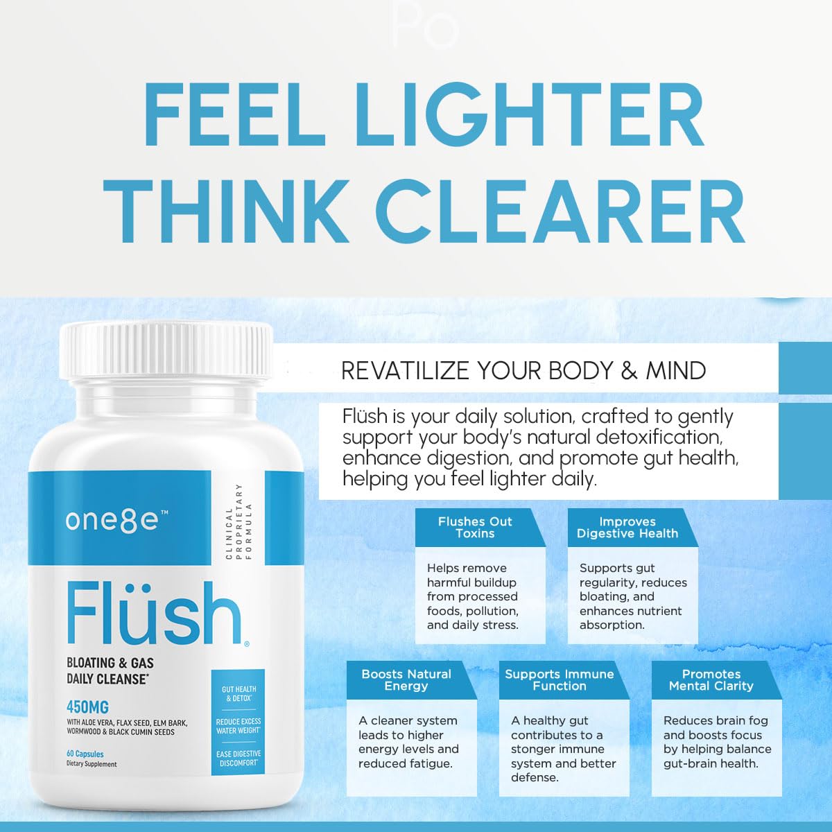 ONE8E Flüsh packaging box on display shows gluten-free and non-GMO assurances.