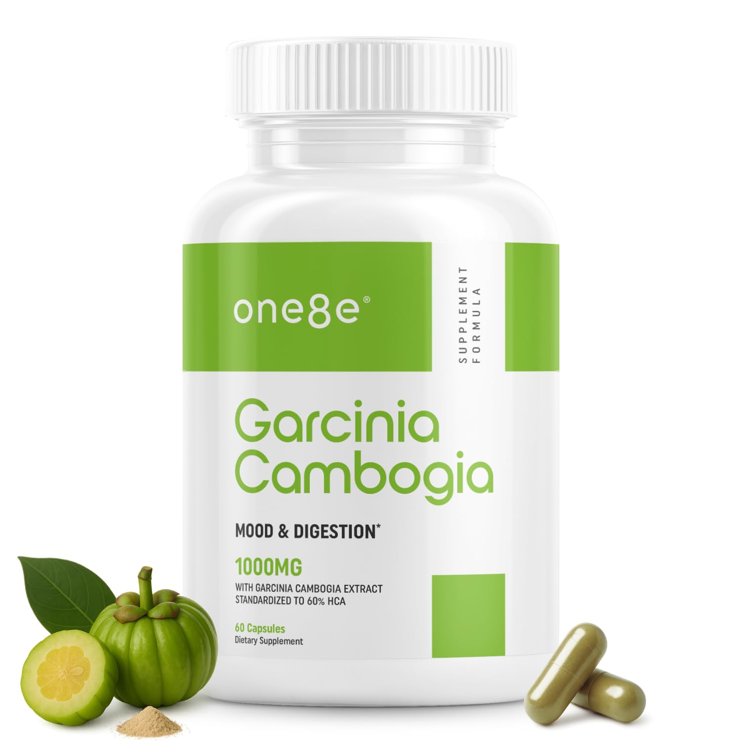ONE8E Garcinia Cambogia bottle front view highlighting natural appetite support