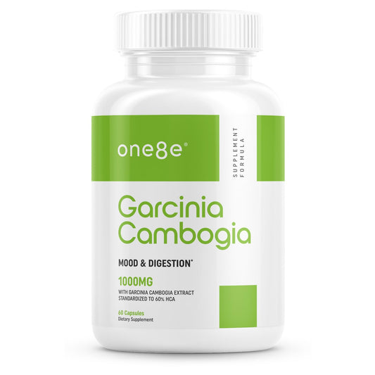 ONE8E Garcinia Cambogia bottle label shows GMP and non-GMO quality