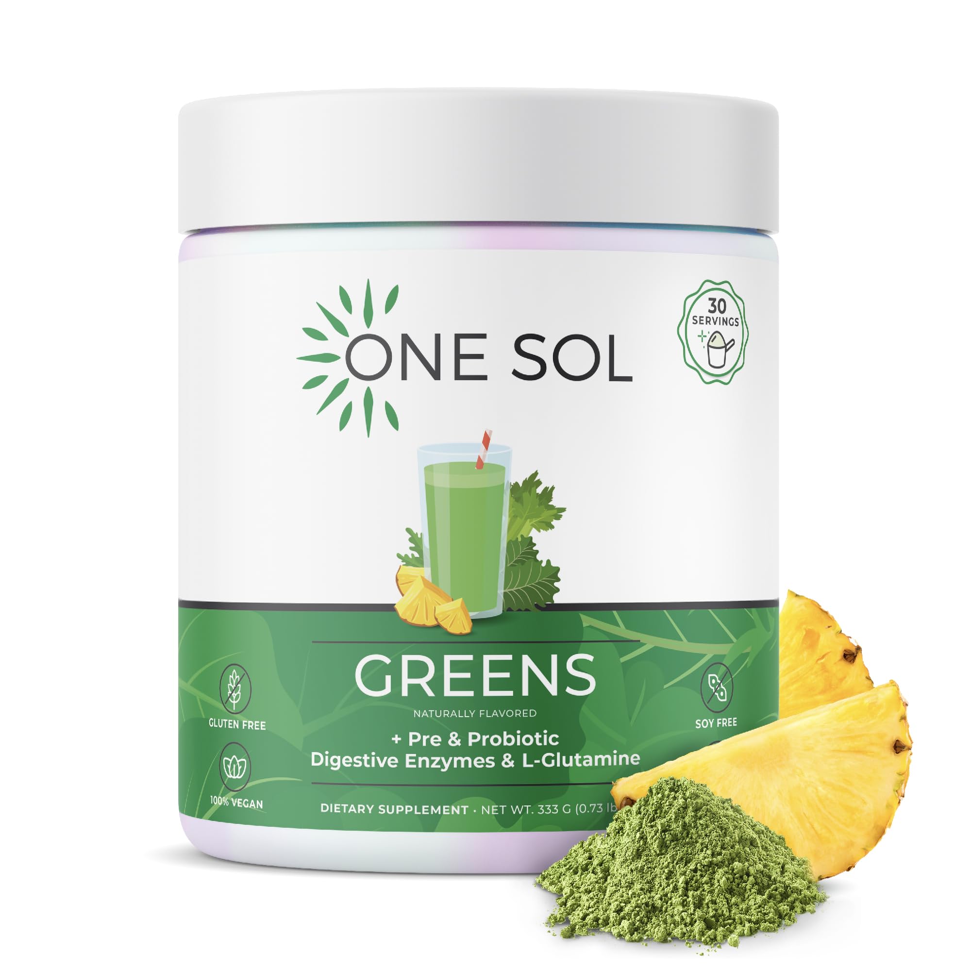 One Sol Greens bottle front shows a convenient daily probiotic boost for digestion.