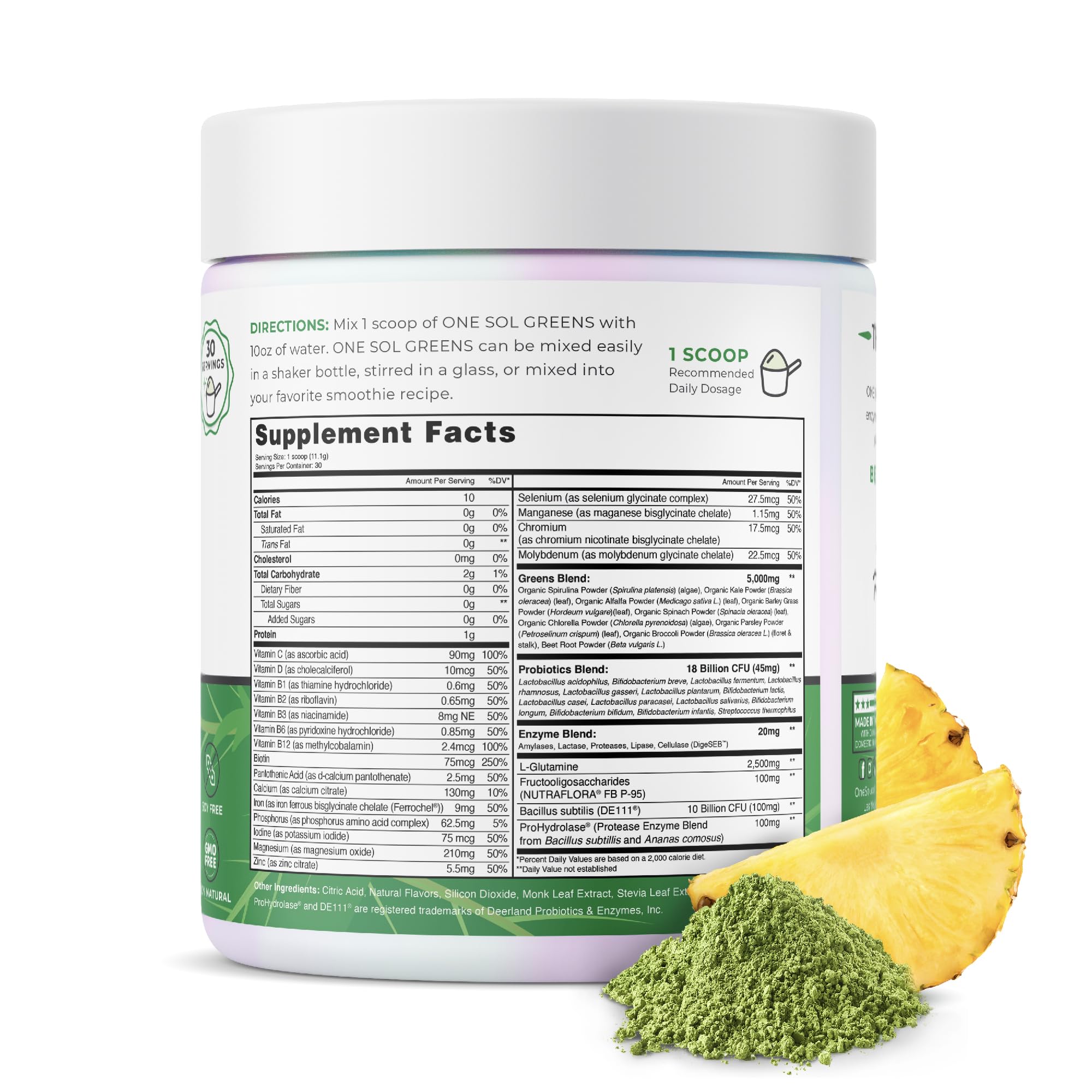 One Sol Greens bottle pours powder into a glass for smoothies, supporting daily energy.