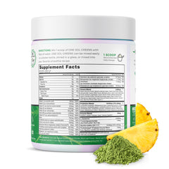 One Sol Greens bottle pours powder into a glass for smoothies, supporting daily energy.
