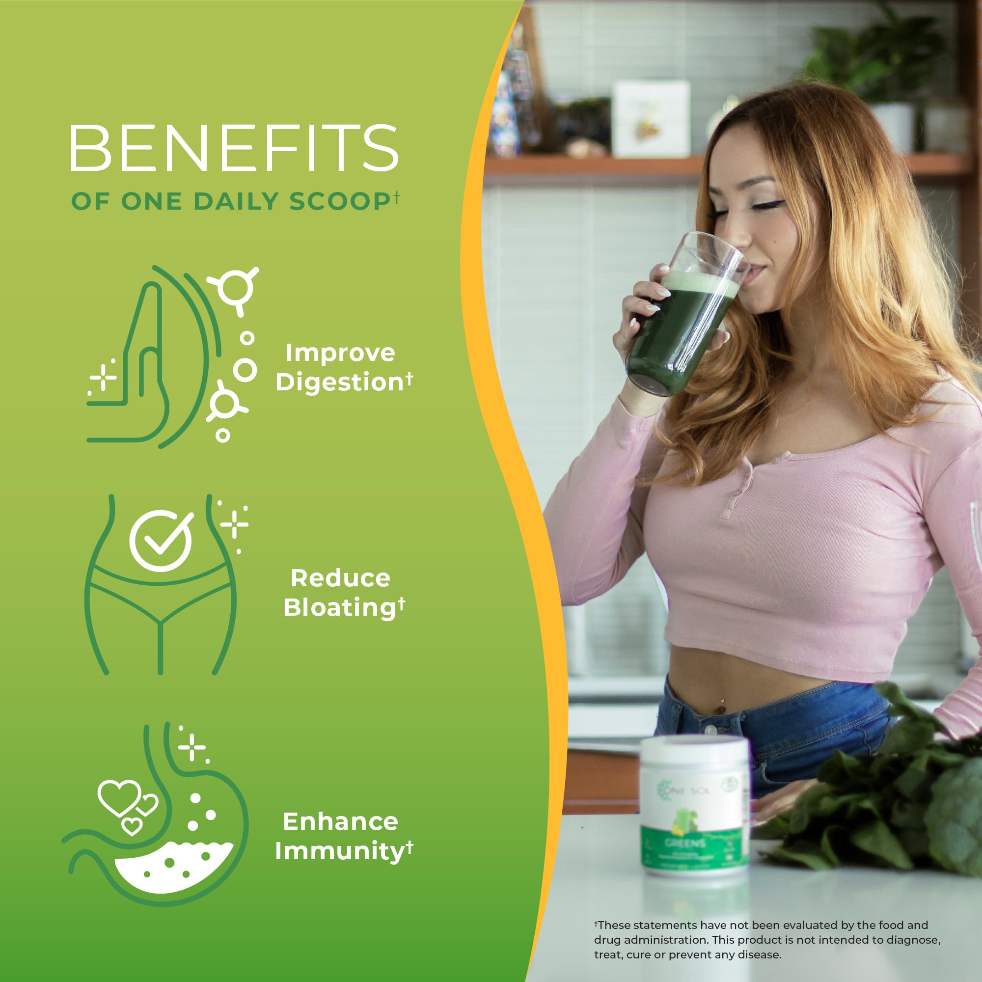 One Sol Greens label emphasizes vegan, clean formula and non-GMO ingredients for trust.
