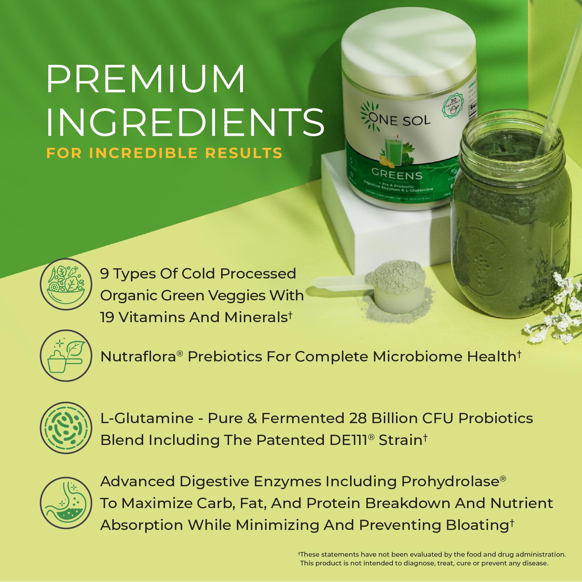 One Sol Greens packaging beside fruits suggests a simple daily routine.