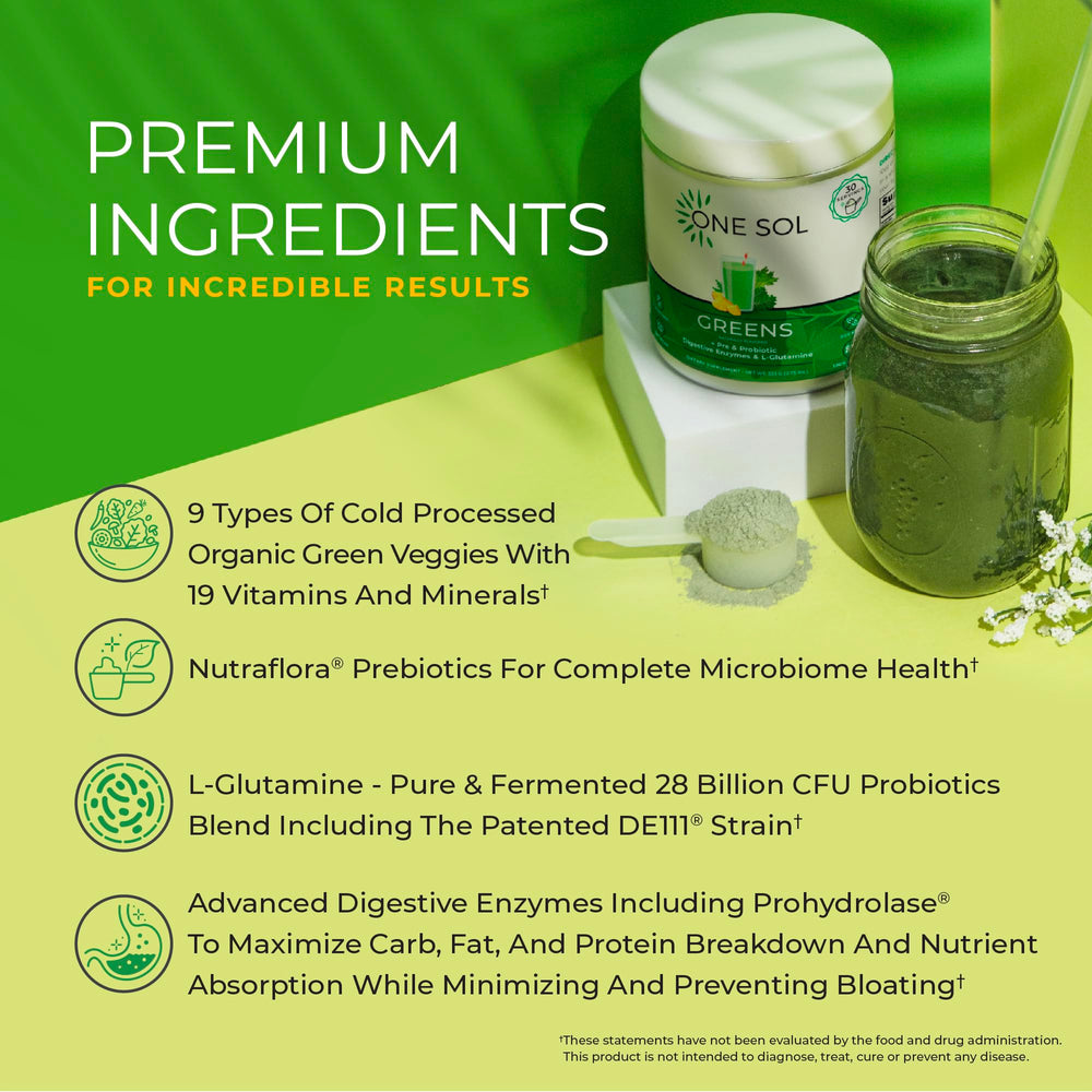 One Sol Greens packaging beside fruits suggests a simple daily routine.