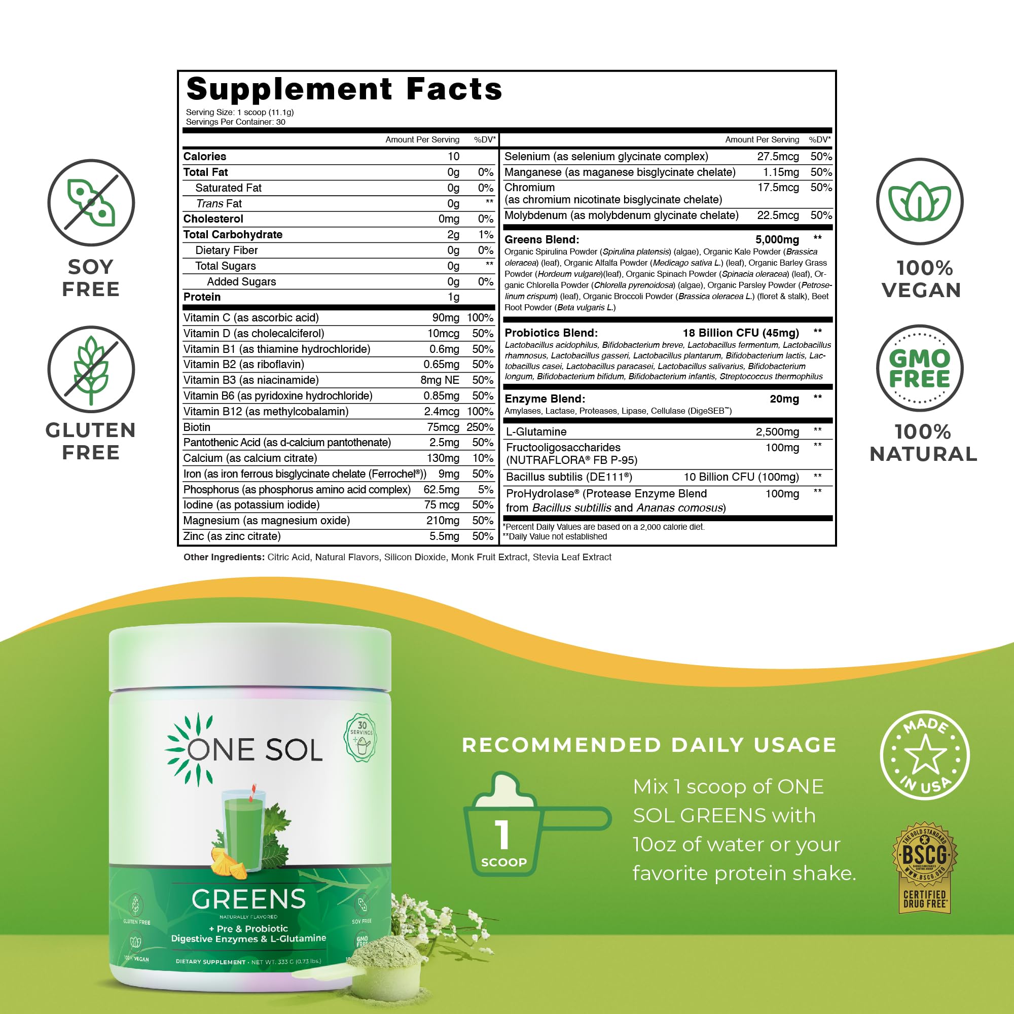 One Sol Greens greens powder blends easily into water or smoothies for daily nourishment.