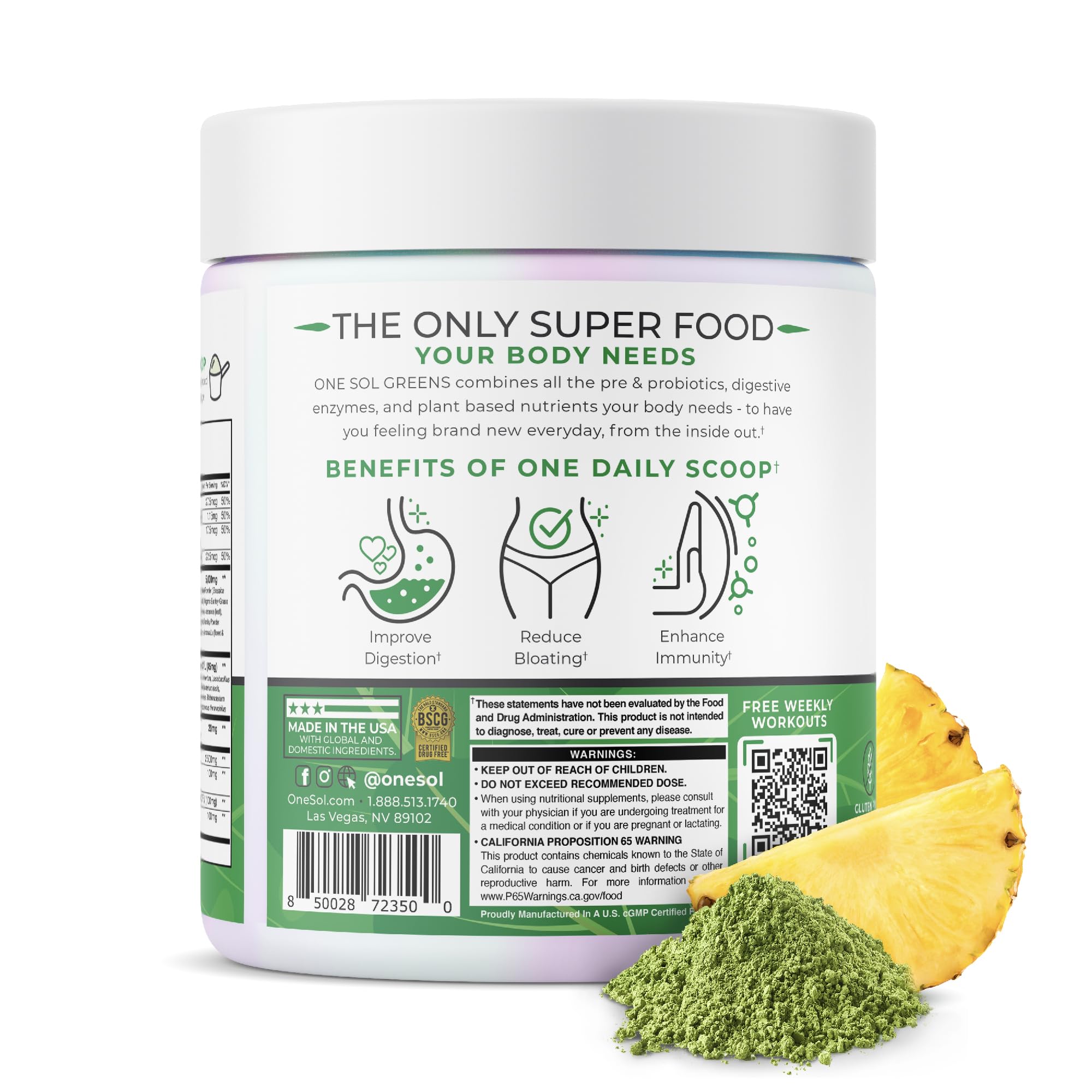 One Sol Greens scoop beside a glass highlights 28B CFU probiotic blend for gut balance.
