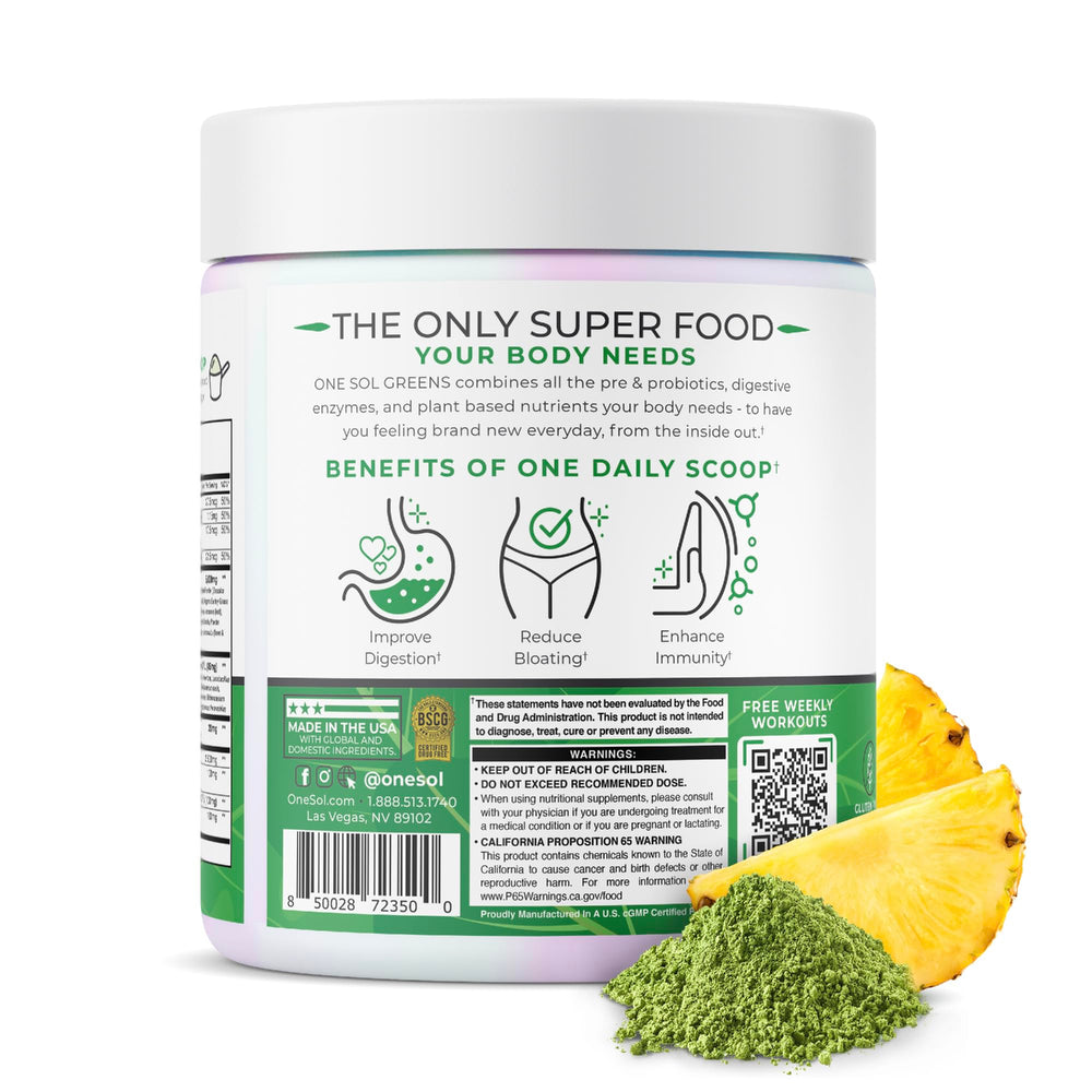 One Sol Greens scoop beside a glass highlights 28B CFU probiotic blend for gut balance.