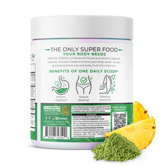One Sol Greens scoop beside a glass highlights 28B CFU probiotic blend for gut balance.
