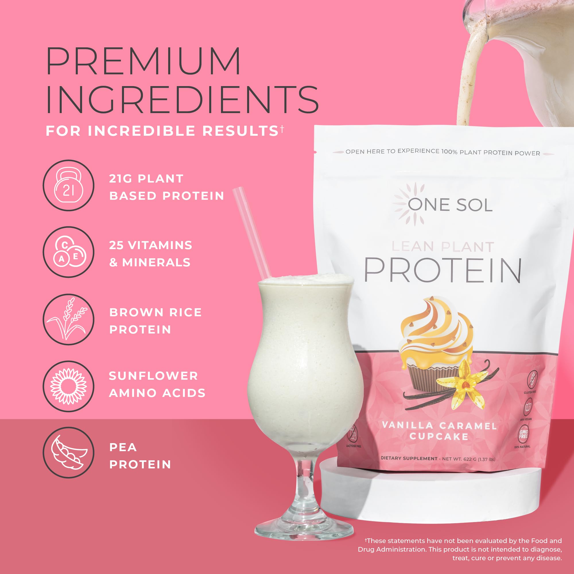One Sol Lean Plant Protein scoop beside a glass of water for easy mixing.