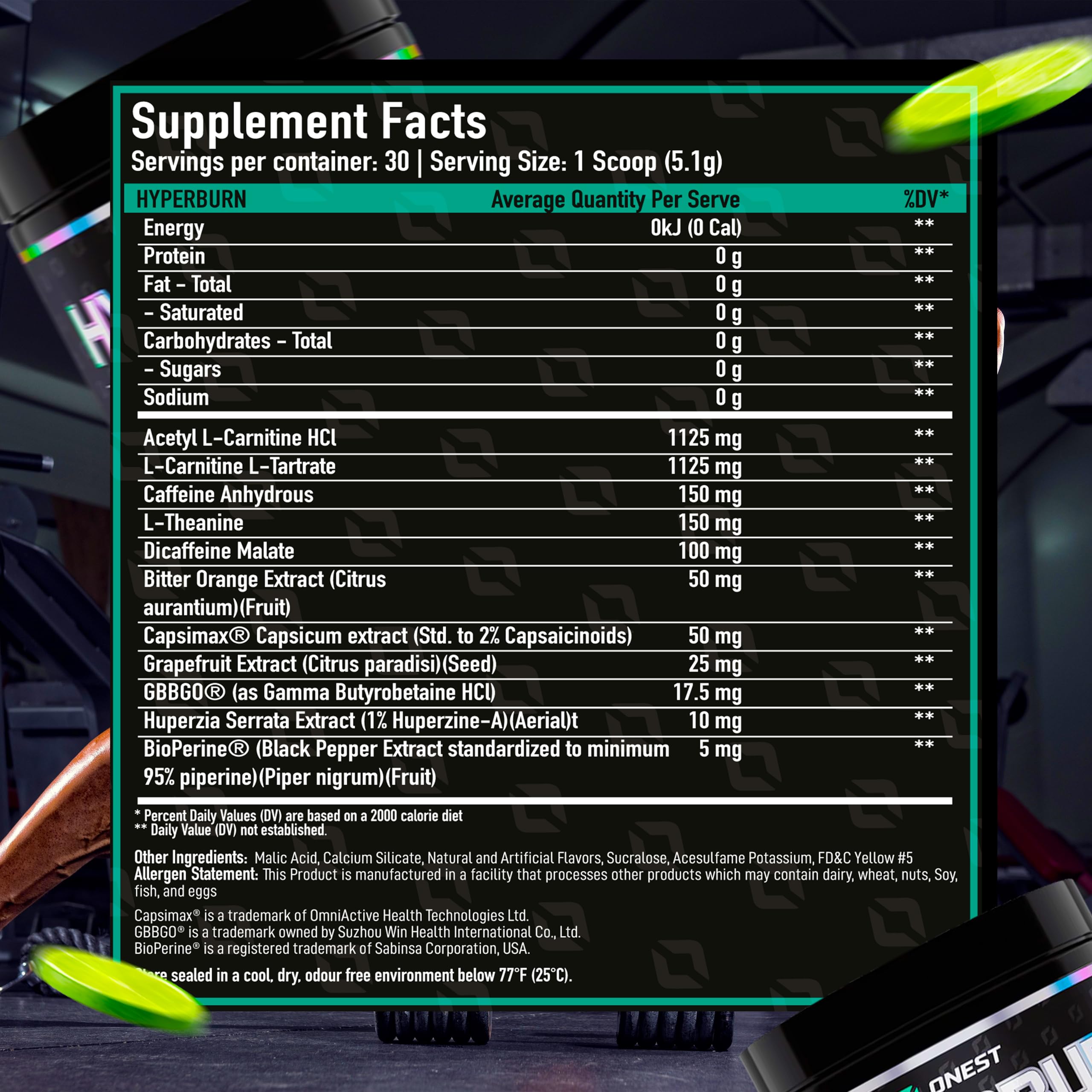 ONEST Hyperburn ingredient panel close-up for key components.