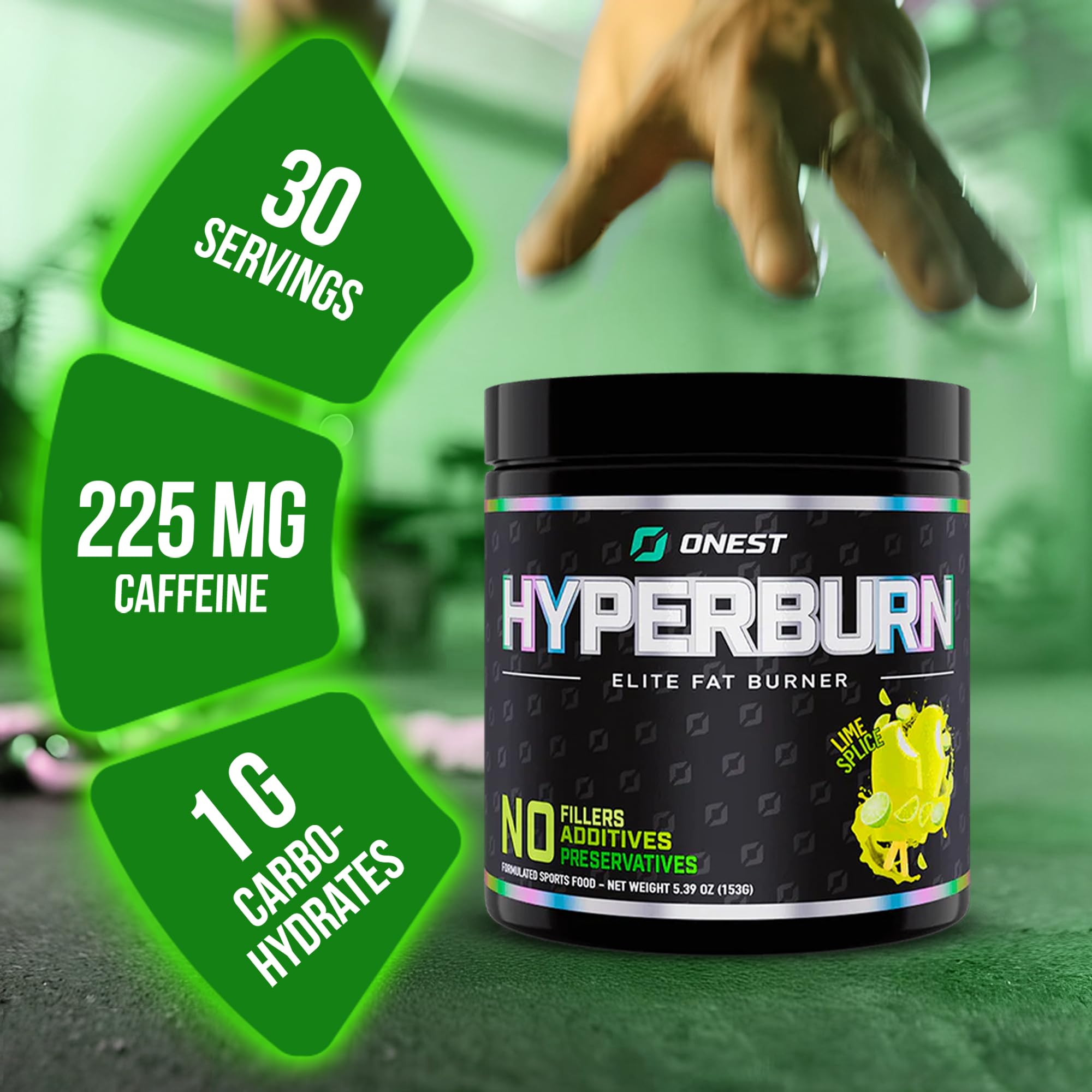 ONEST Hyperburn powder poured into a glass over ice for pre-workout drink.