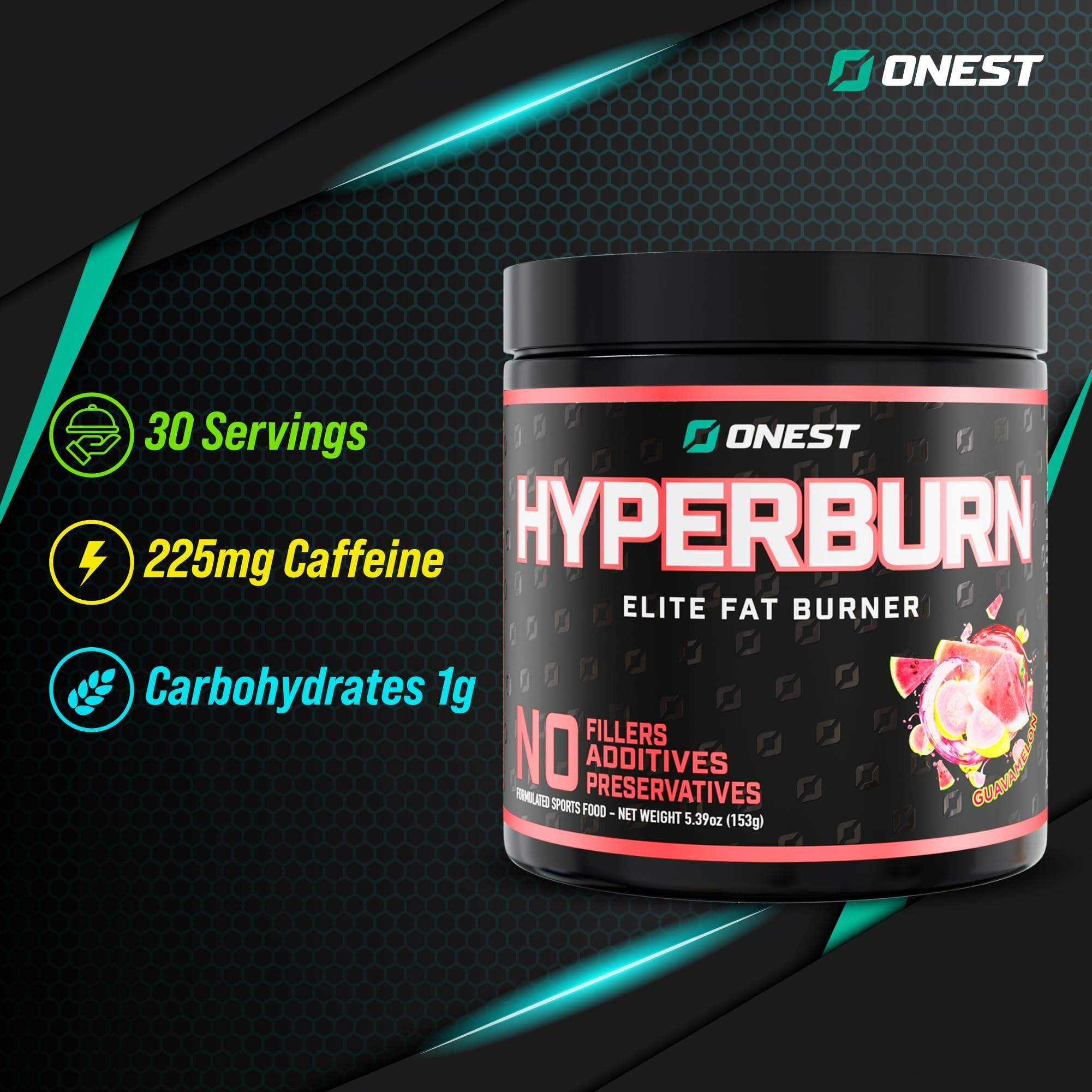 Scoop of ONEST Hyperburn powder ready to mix for a customizable serving
