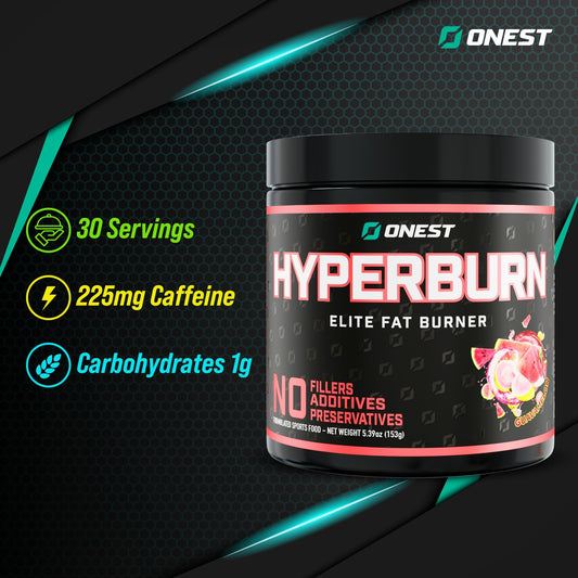 Scoop of ONEST Hyperburn powder ready to mix for a customizable serving