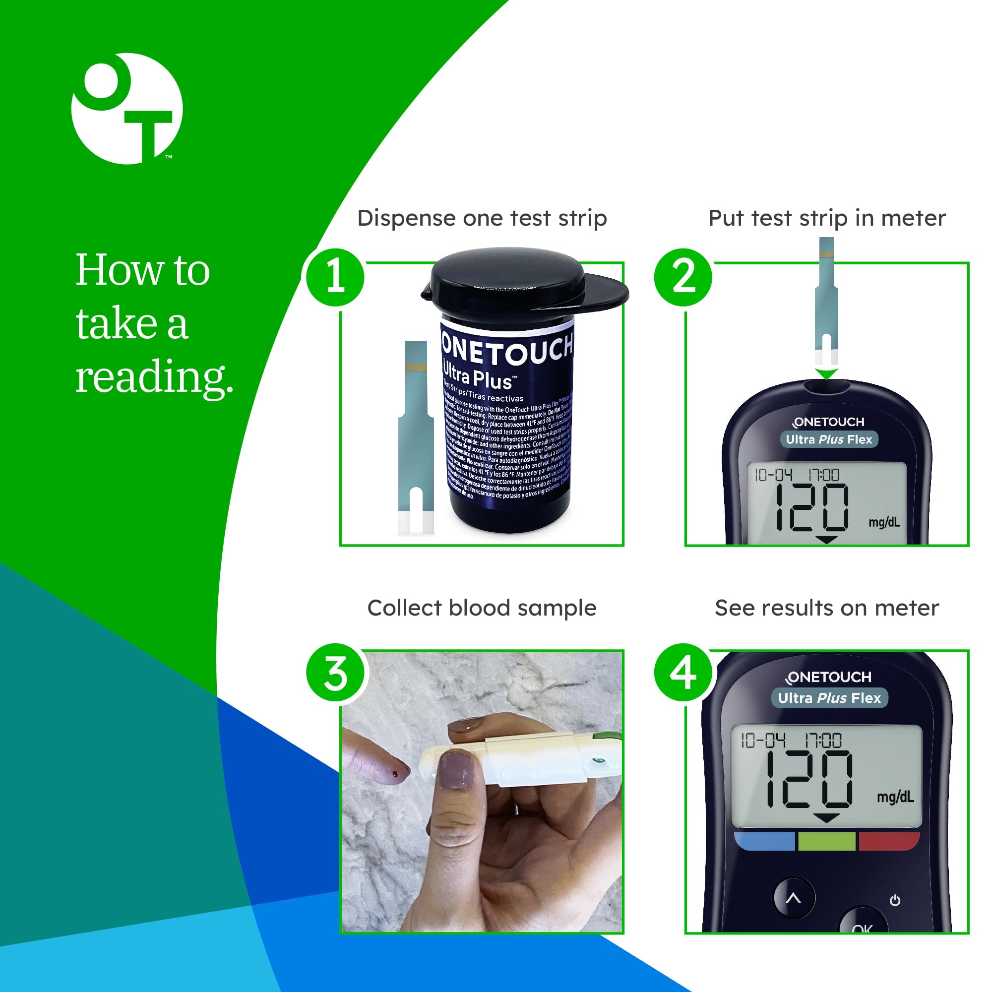 OneTouch ColorSure reading indicator shows high, low, or in-range results.